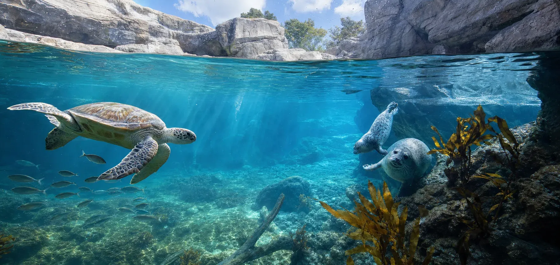 Sea turtle and seals in a luminous aquatic habitat