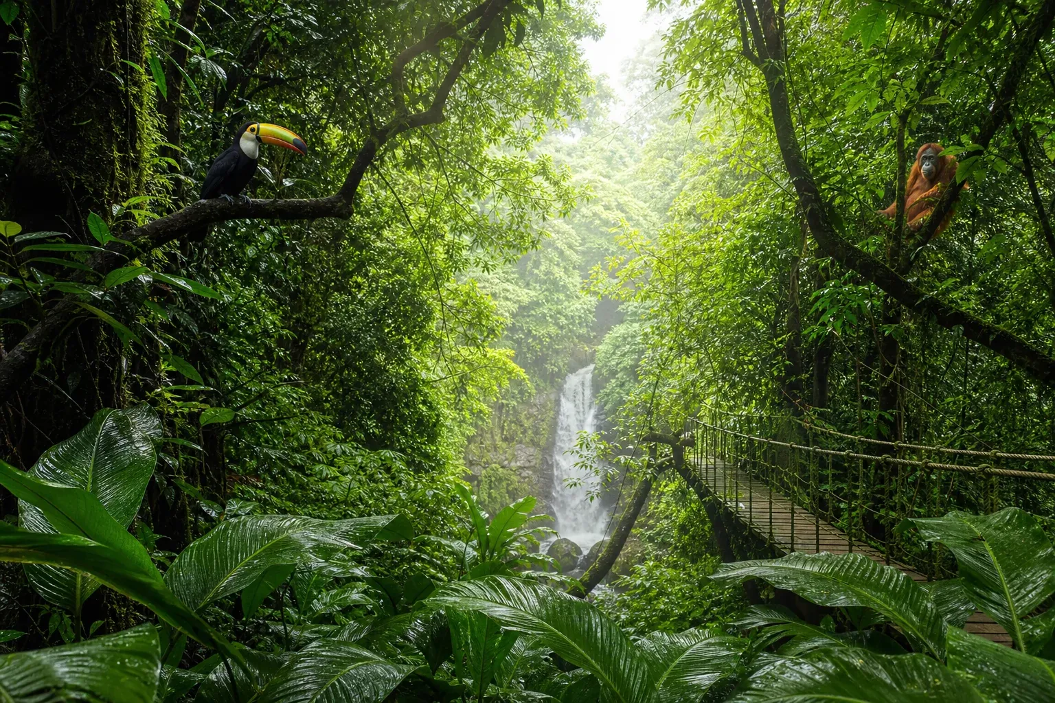 Lush rainforest habitat with wildlife among layered leaves