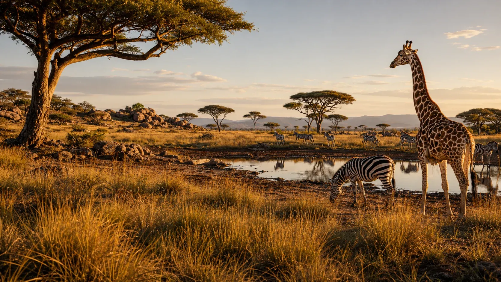 Giraffes and zebras crossing a glowing savannah habitat