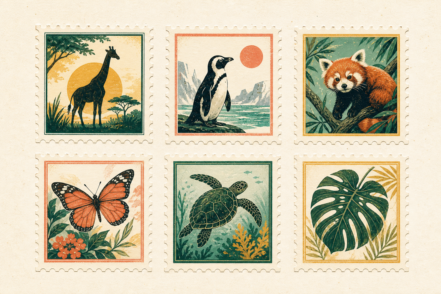 Illustrated wildlife passport stamps showing a giraffe, penguin, red panda, butterfly, sea turtle, and tropical leaf.